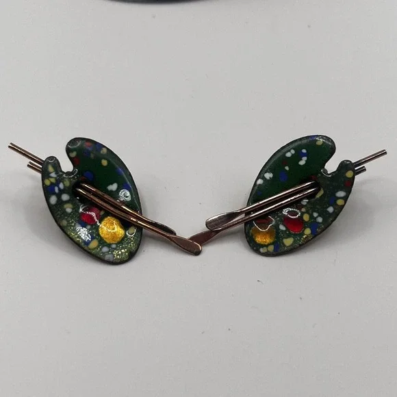 Vtg 1950's Matisse Renoir Enamel Copper Artist Palette Brooch & Clip Earrings - Picture 2 of 5